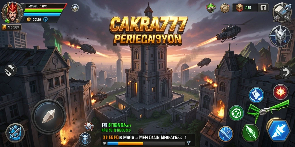 Screenshot gameplay CAKRA777 menunjukkan menara yang kuat menghadapi gelombang musuh.