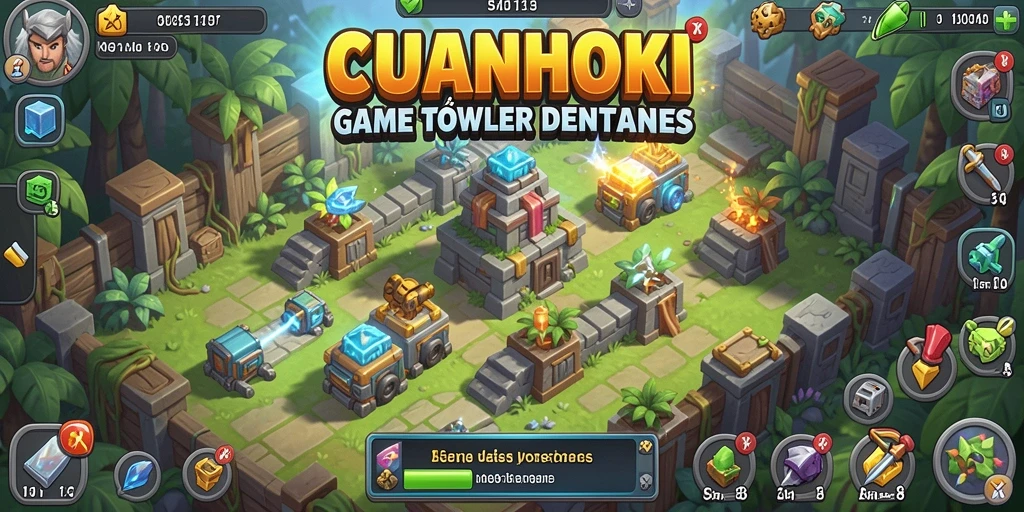 Tampilan screenshot gameplay CUANHOKI dengan berbagai menara dan musuh.