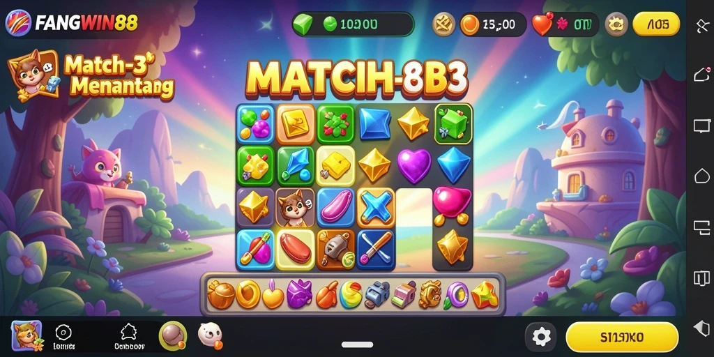 Tampilan gameplay <strong>FANGWIN88</strong> saat mencocokkan objek Match-3 yang berwarna-warni.