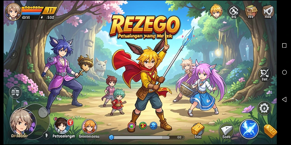 Tampilan gameplay menarik dari REZEGO dengan karakter anime yang berwarna-warni.