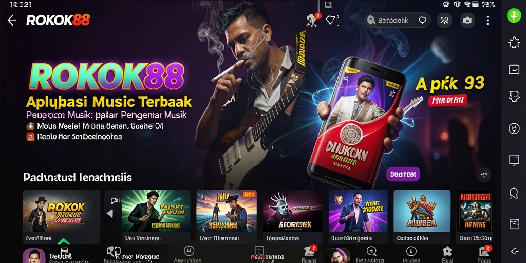 Tampilan screenshot ROKOK88 menampilkan fitur pemutar musik dan lirik.